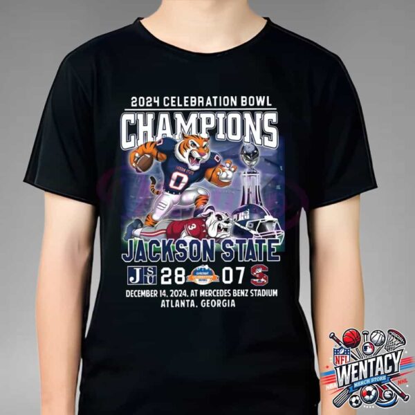 2024 NCAA Celebration Bowl Champions Jackson State Tigers 28-07 South Carolina State Bulldogs On December 14 2024 At Mercedes Benz Stadium In Atlanta Georgia Unisex T-Shirt