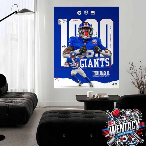 Tyrone Tracy Jr New York Giants NFL 2024 1000 Yards Of Offense Home Decor Poster Canvas