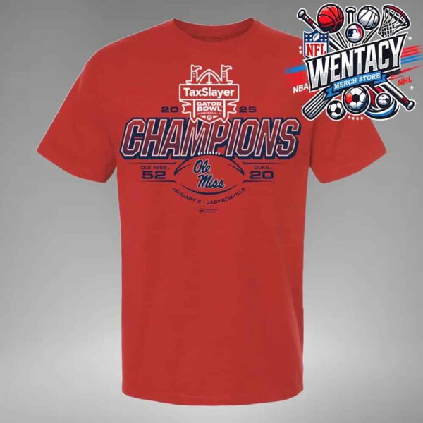 2025 Taxslayer Gator Bowl Ole Miss Rebels Champions Score 52-20 Unisex T-Shirt